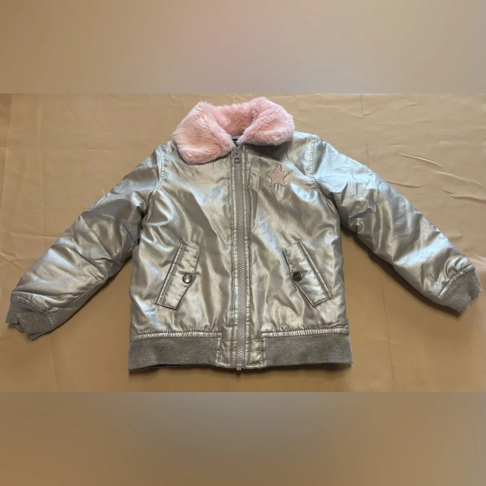 Buffalo David Bitton Metallic Silver Puff Jacket with Pink Collar‎
